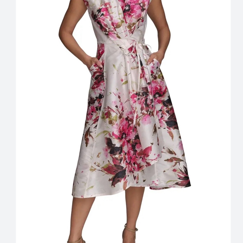 Donna Karan White Floral Wrap Midi Dress with Pink Accents - Picture 10 of 14